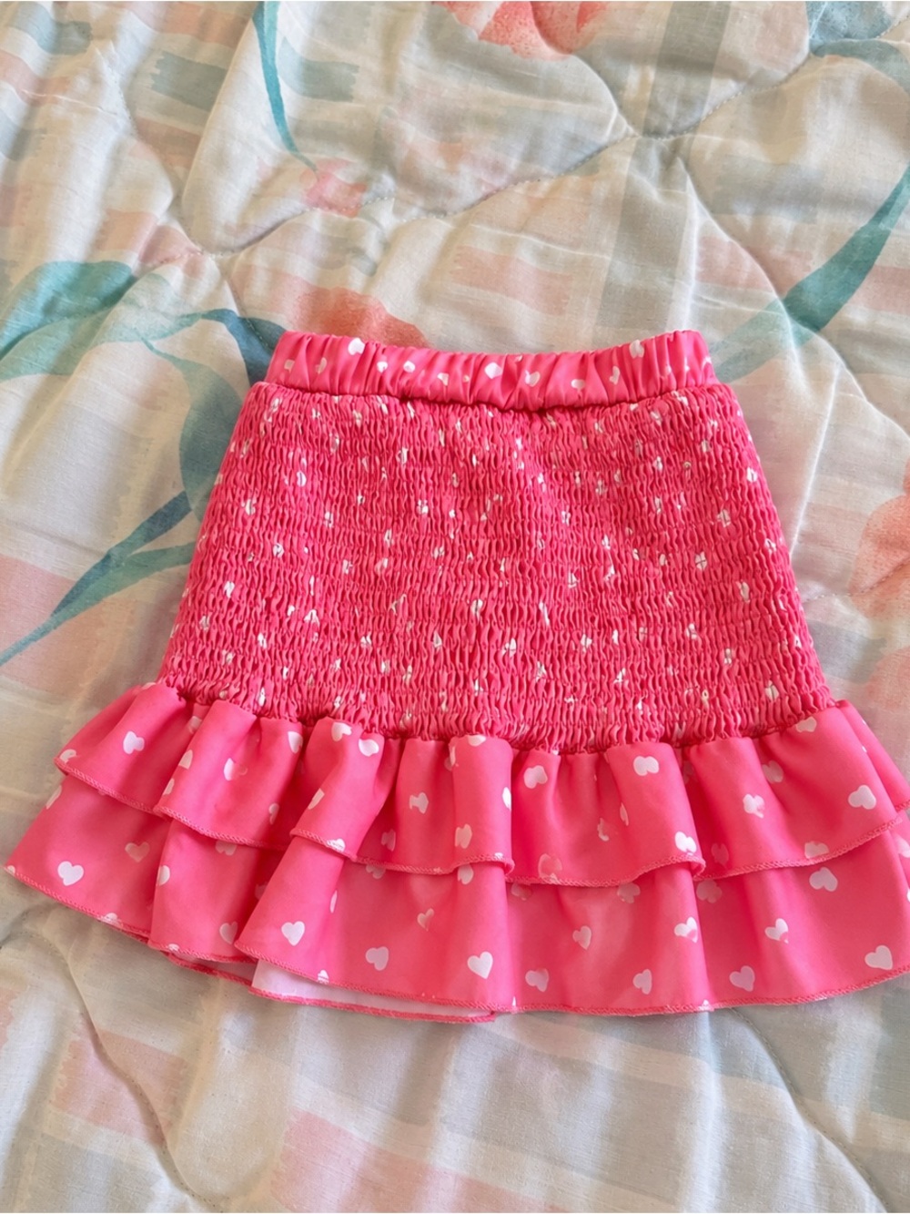 Girls' Pink Smocked Ruffle Mini Skirt with Heart Print